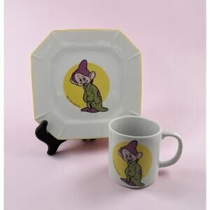 Walt Disney 1970's Japan Made Dopey Plate and Mug Set Ceramic 7.5" Yellow Rim